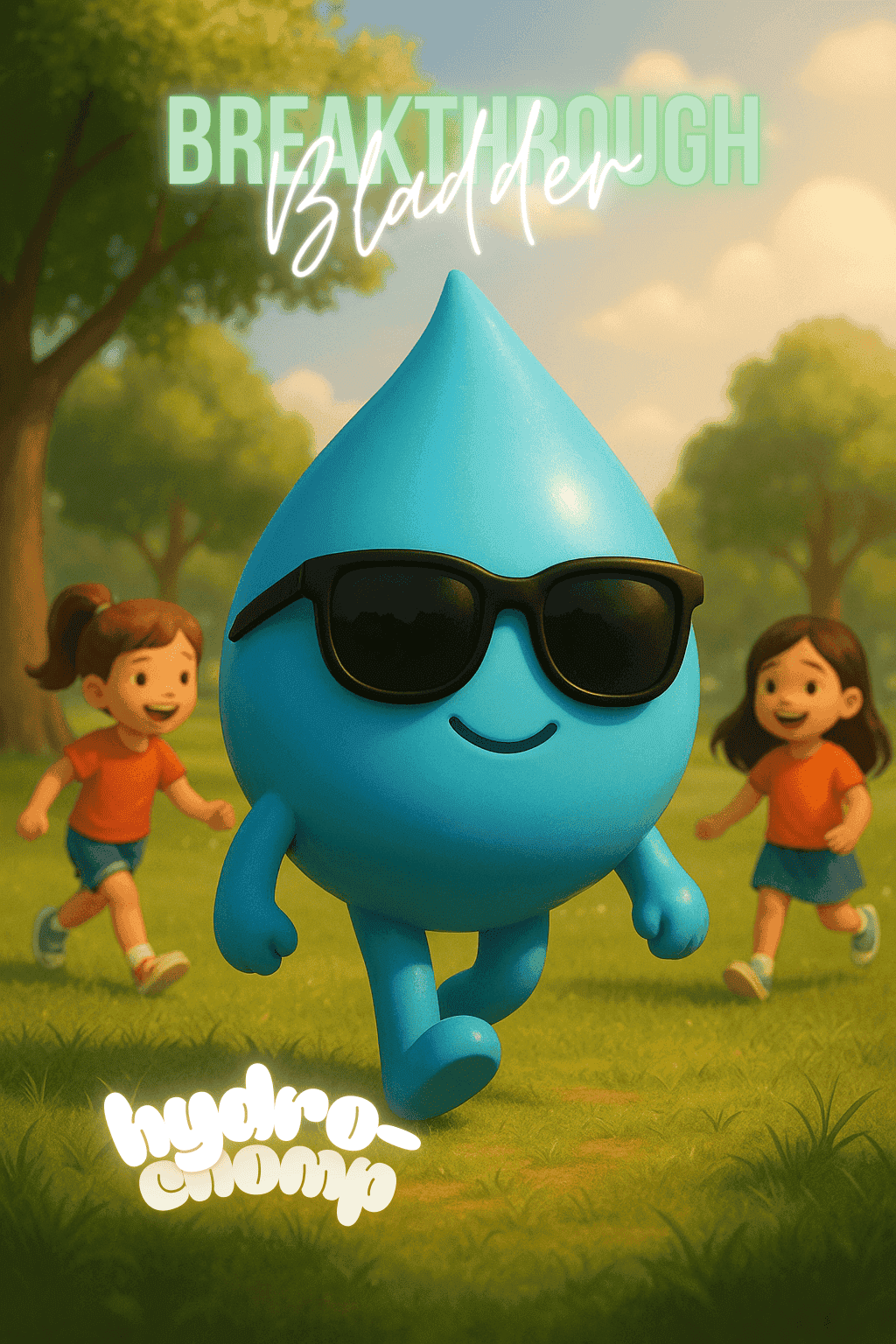 "Hydro-Chomp, a cool blue water droplet mascot wearing sunglasses, leads two smiling kids in a sunny park, promoting The Bladder Breakthrough™ program.