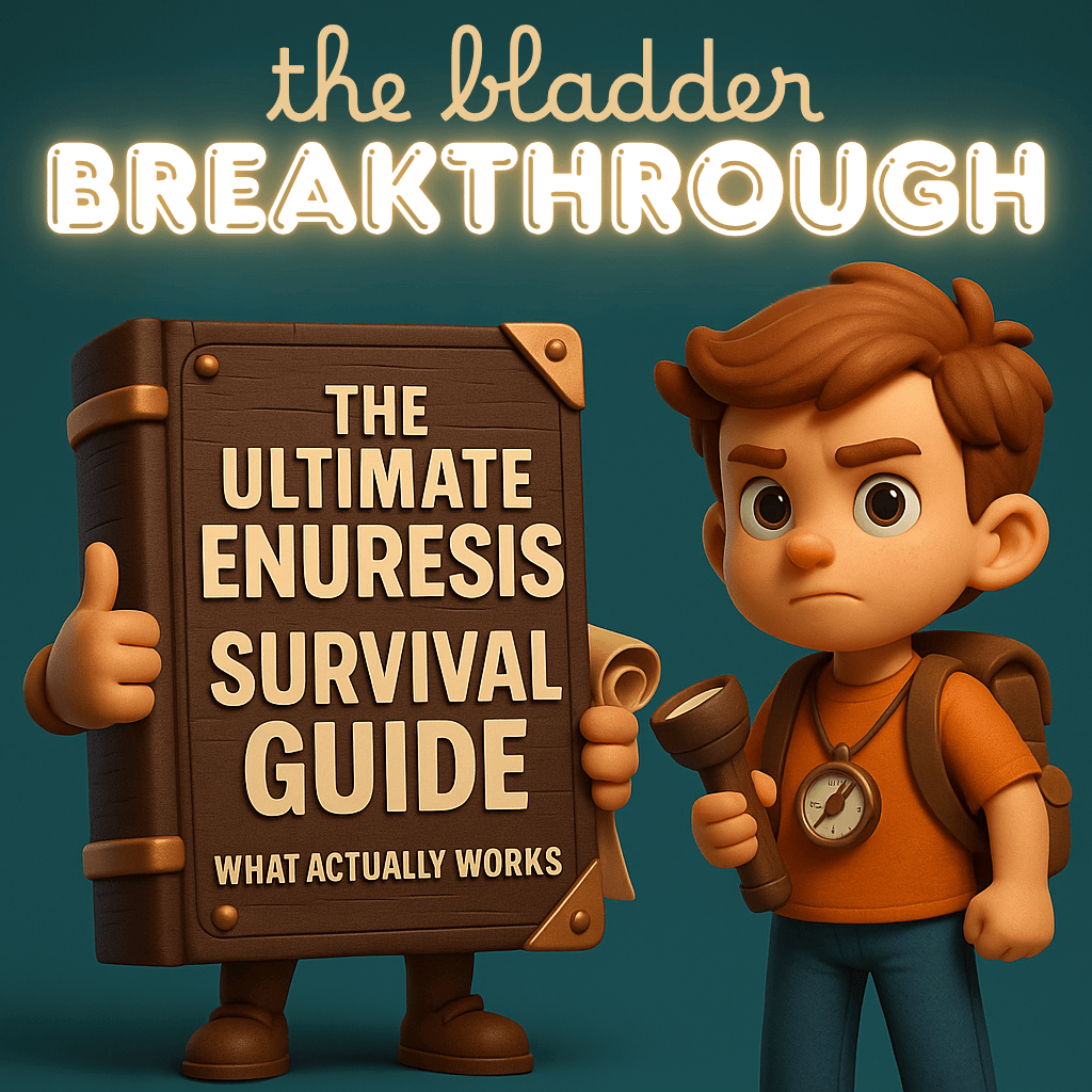 3D illustration of a determined cartoon boy holding a flashlight and wearing a compass around his neck, standing next to a large animated book with arms and legs. The book’s cover reads: “The Ultimate Enuresis Survival Guide – What Actually Works.” Above them, glowing text says “The Bladder Breakthrough.” The scene uses bold teal and brown tones to reflect empowerment, exploration, and evidence-based care for childhood bedwetting.